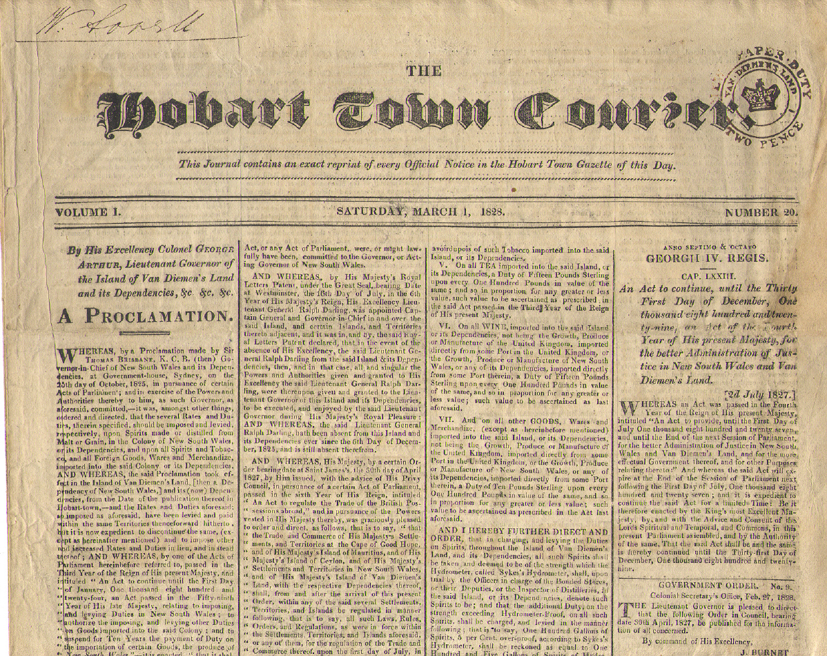 1 March 1828 Hobart Town Courier