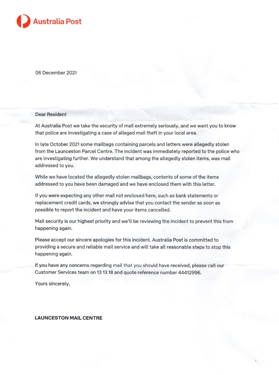 Stolen mail Launceston October 2021 Australia Post letter.jpg