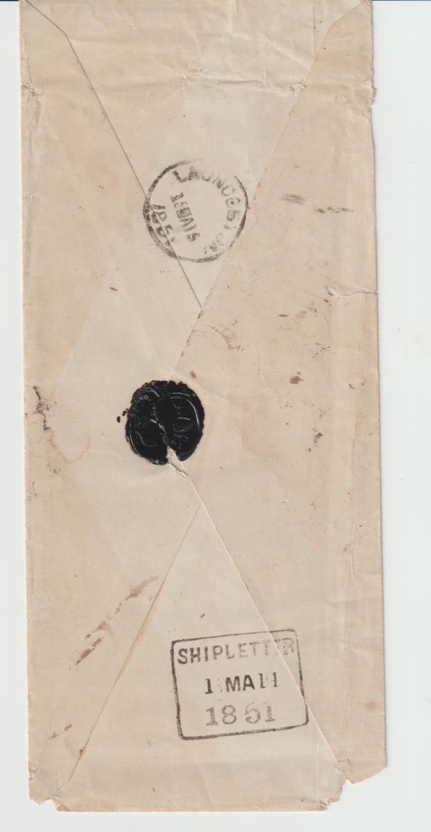Tasmania 1851 Ship letter cover from Sydney to Launceston - Reverse 001.jpg